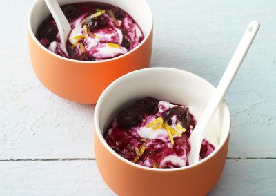 Greek yogurt with warm blueberry sauce
