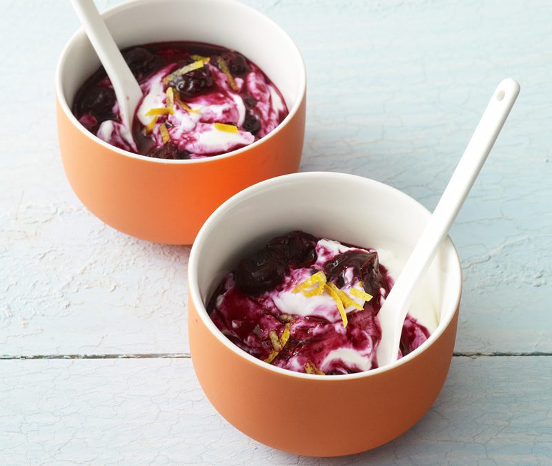 Greek yogurt with warm blueberry sauce