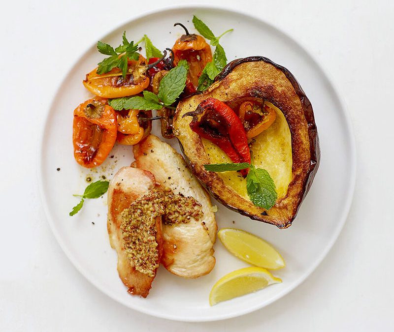 Roasted chicken with squash and peppers