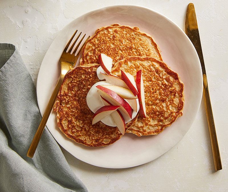 Buttermilk-Oat Pancakes with Yogurt and Pear