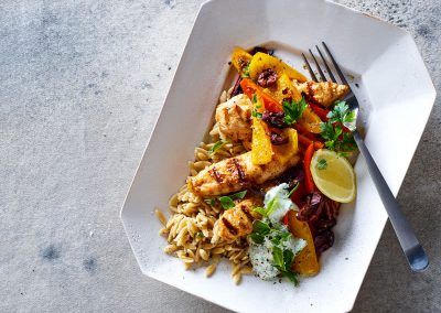 Greek chicken with tzatziki, orzo & peppers