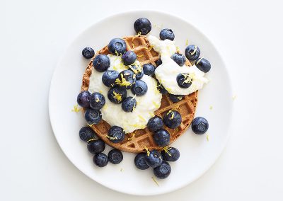 Waffle with lemony ricotta and blueberries