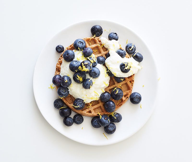 Waffle with lemony ricotta and blueberries