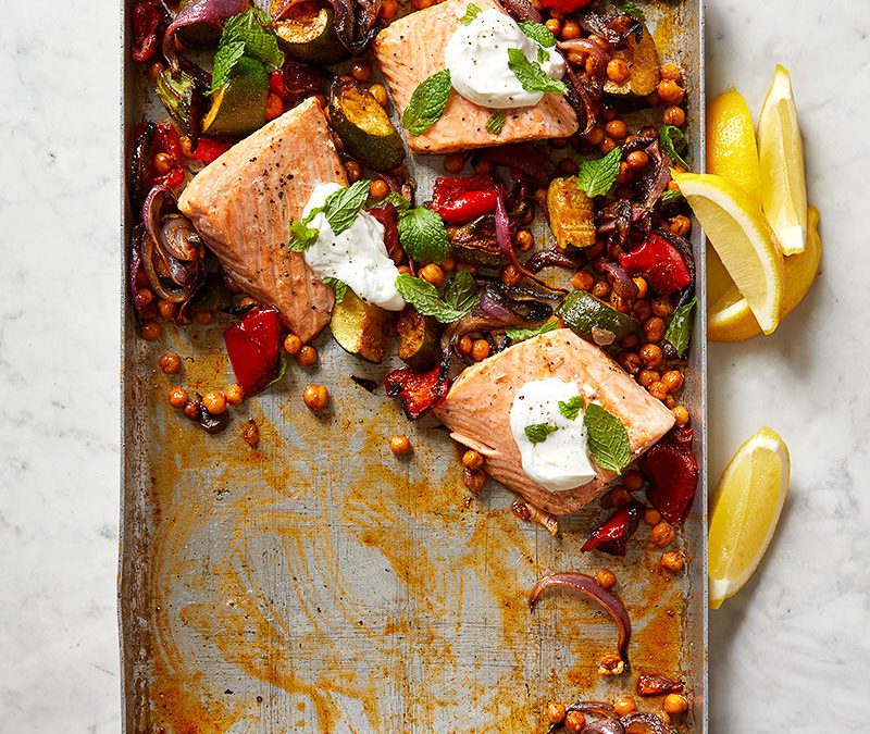 Roasted salmon with chickpeas, zucchini, and red pepper