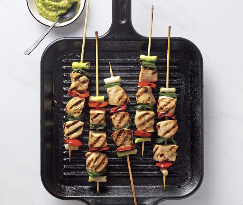 Swordfish and veggie skewers with creamy avocado sauce