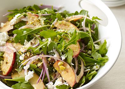 Arugula, peach, and goat cheese salad