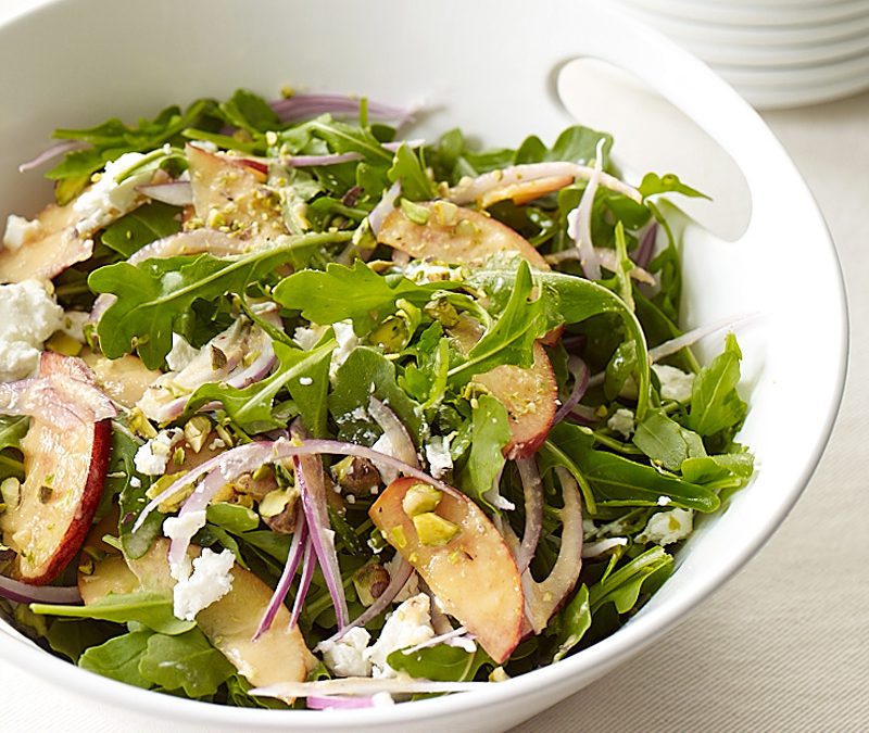 Arugula, peach, and goat cheese salad