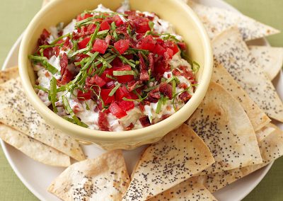 BLT dip with poppy seed tortilla chips