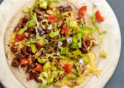 Cheeseburger tortilla pizza