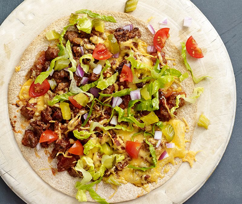 Cheeseburger tortilla pizza