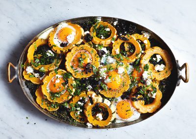 Baked eggs with delicata squash, spinach, and feta