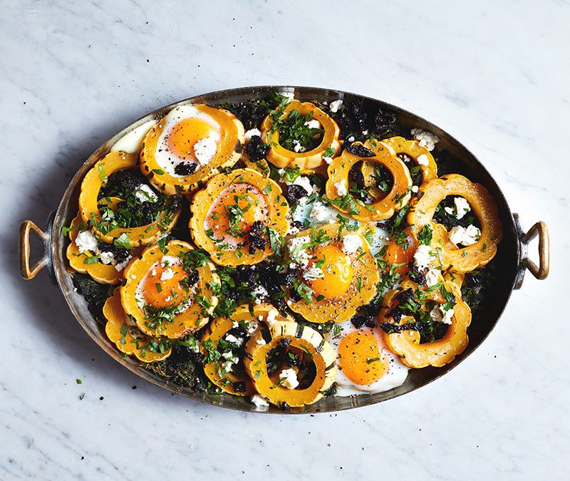 Baked eggs with delicata squash, spinach, and feta